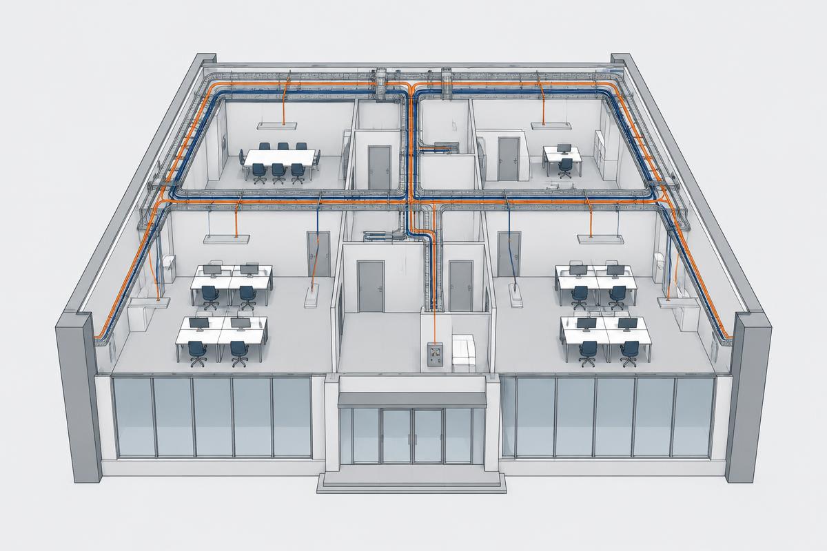 Diagrama ilustrativo de redes, iluminación e instalaciones eléctricas en oficinas